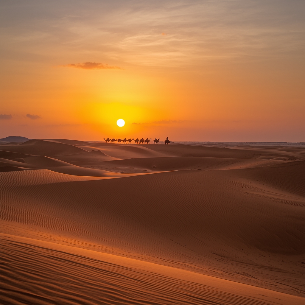 Vast desert dunes at sunset with a caravan of camels in the distance, cinematographic lighting